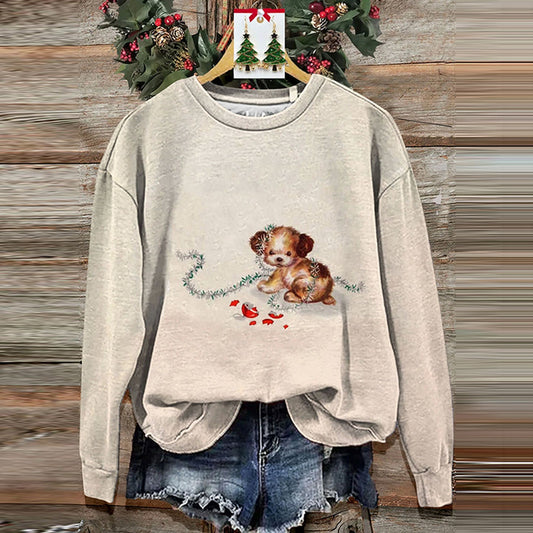 Comstylish Vintage Christmas Dog Art Print Casual Sweatshirt