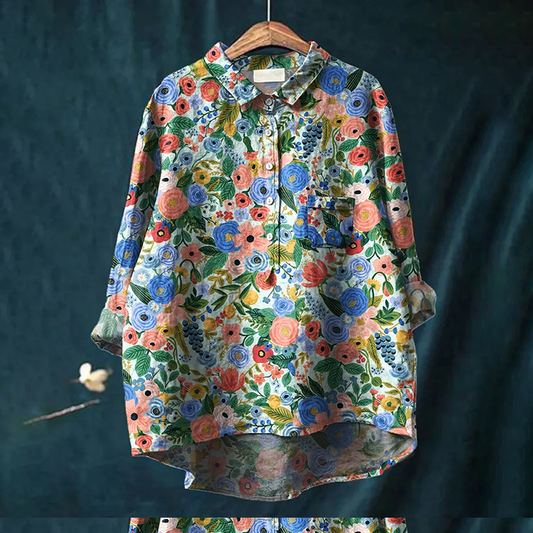 Comstylish Women's Floral Art Print Casual Cotton And Linen Shirt