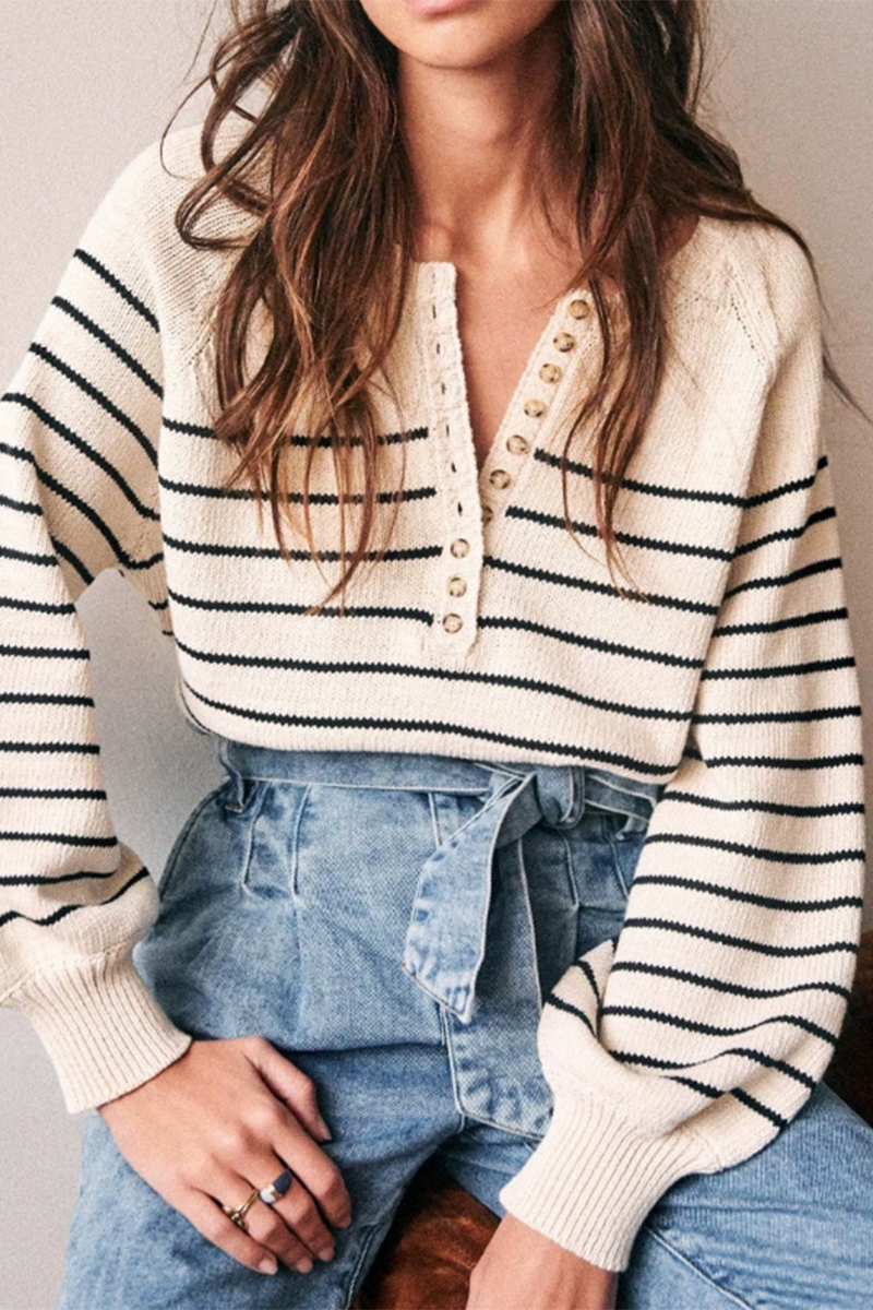 Brielle® | Casual striped buckle woven contrast O-neck sweaters