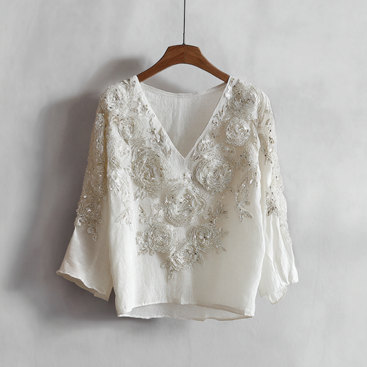 Bohemian Style Woman's V-neck White Rose Short-sleeved Shirt artswardrobe