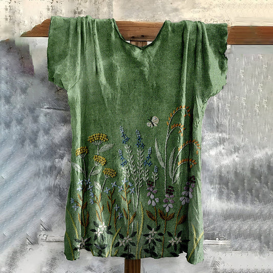 Comstylish Vintage Embroidered Fresh Floral Cotton T-shirt