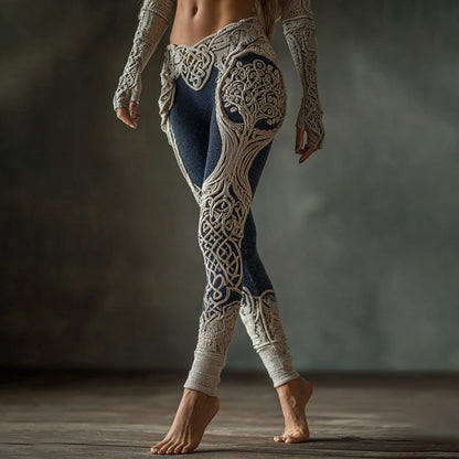 Vintage Viking Tree Of Life Celtic Knot Contrasting Colors Art Knit Cozy Leggings artswardrobe