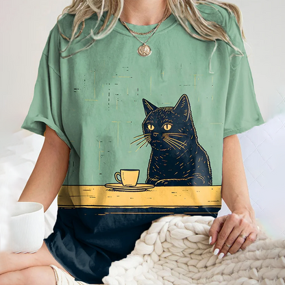 Japanese Art Black Cat Chilling Coffee Art Print Round Neck T-Shirt elevenforest