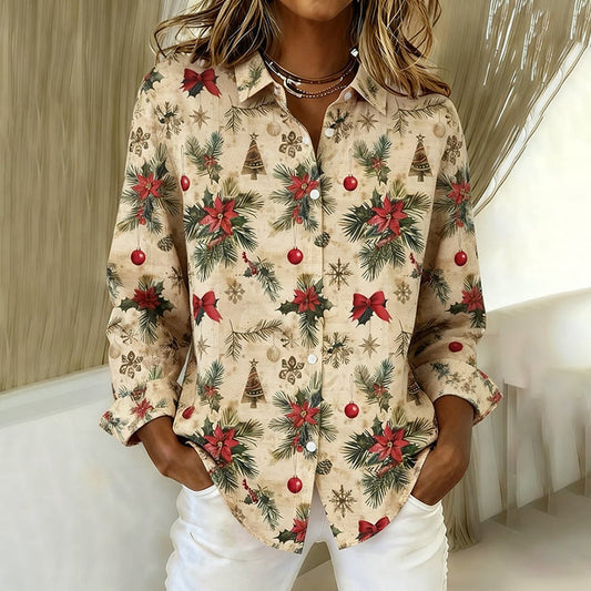 Comstylish Women's Christmas Flower Print Lapel Long Sleeve Shirt