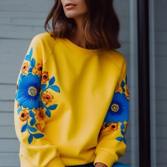 Comstylish Ukraine Ethnic Floral Contrast Color Sweatshirt