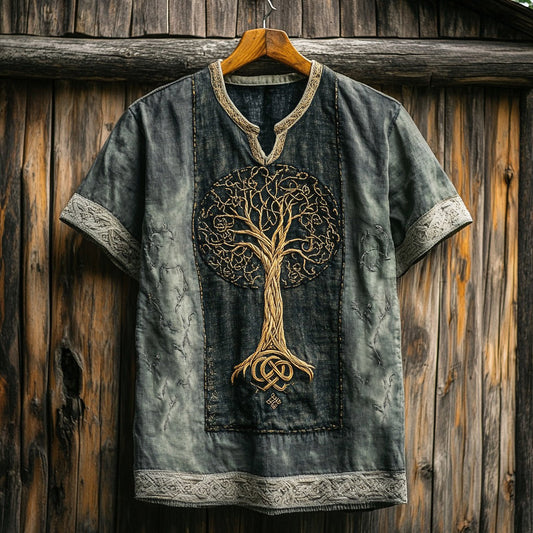 Men's Viking Tribal Tree Of Life Embroidery Art Linen T-shirt artswardrobe