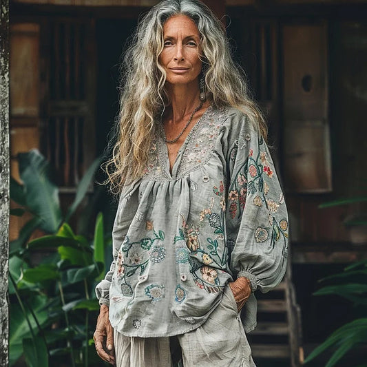 Bohemian Floral Linen Art Print Long Sleeve V-neck Shirt artswardrobe