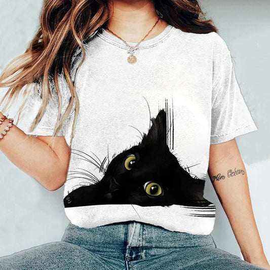 Comstylish Women's Black Cat Printed Casual T-shirt