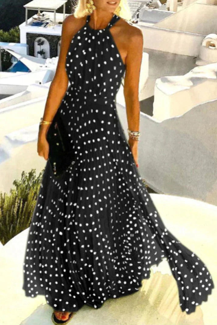LM | Bohemian print patchwork halterneck pleated dresses