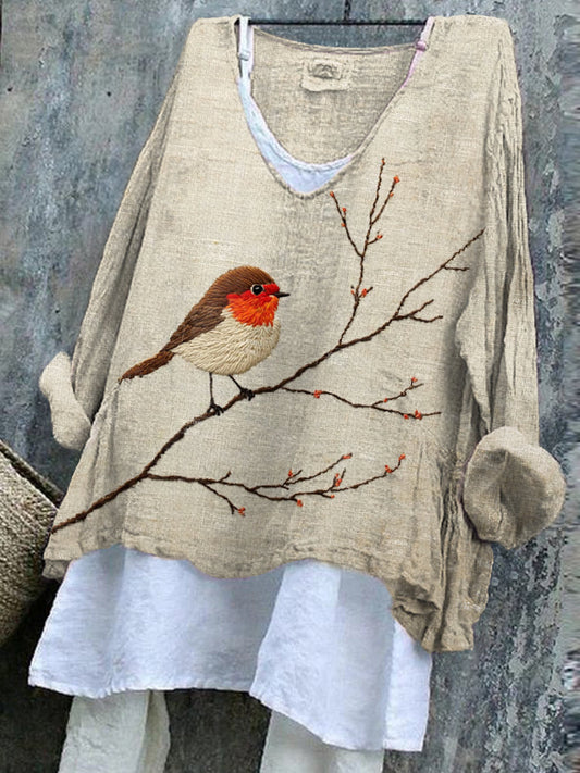 Comstylish Women's Bird And Branch Embroidered Linen Blend Shirt