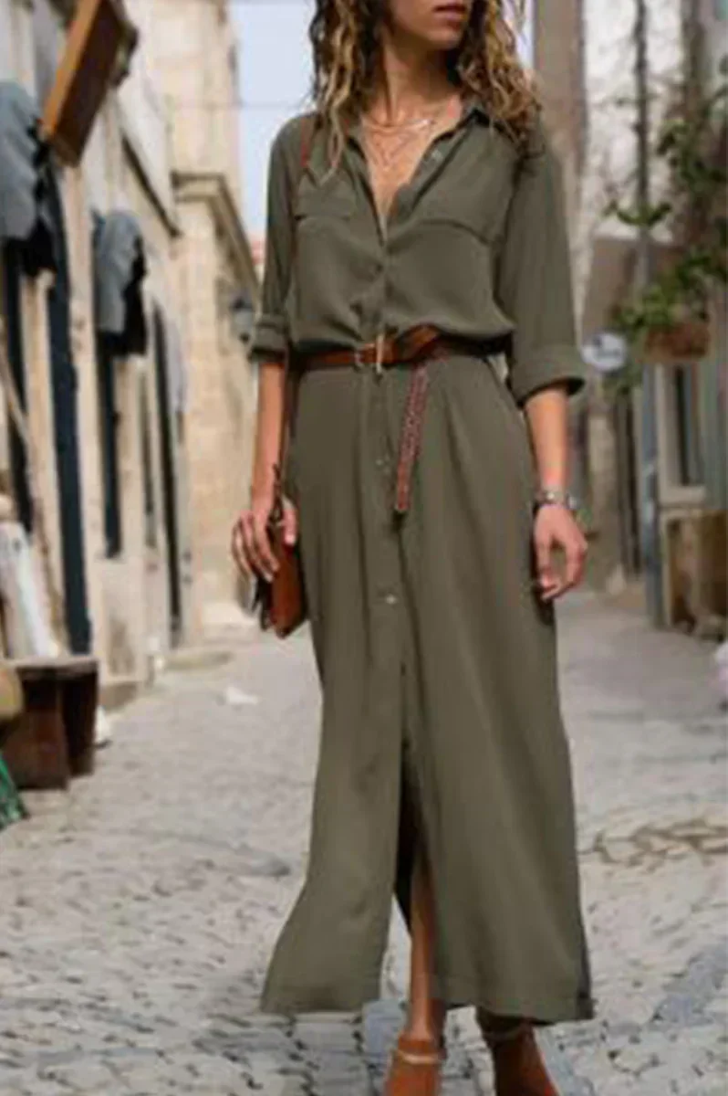 LM | Casual shirt dress with turn-down collar and monochrome patchwork