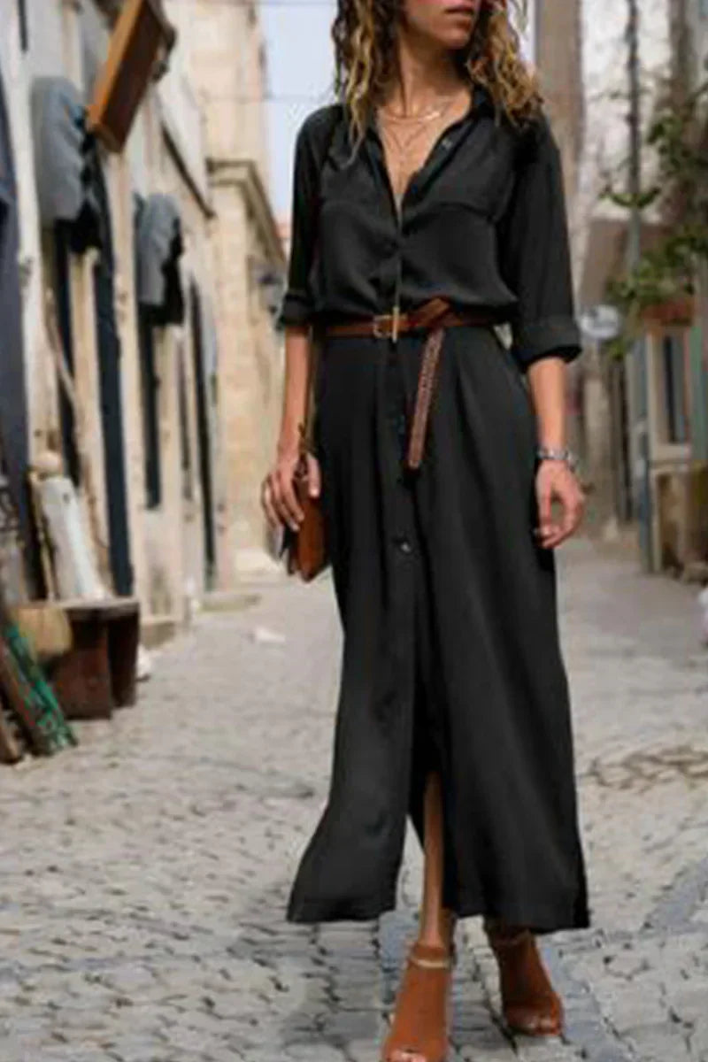 LM | Casual shirt dress with turn-down collar and monochrome patchwork
