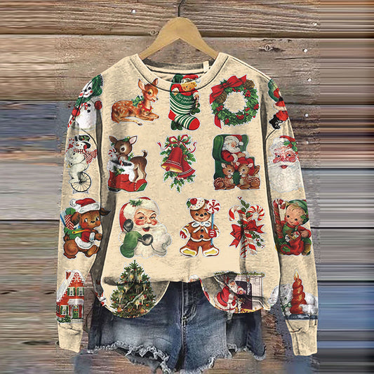 Comstylish Vintage Christmas Art Print Crew Neck Casual Sweatshirt