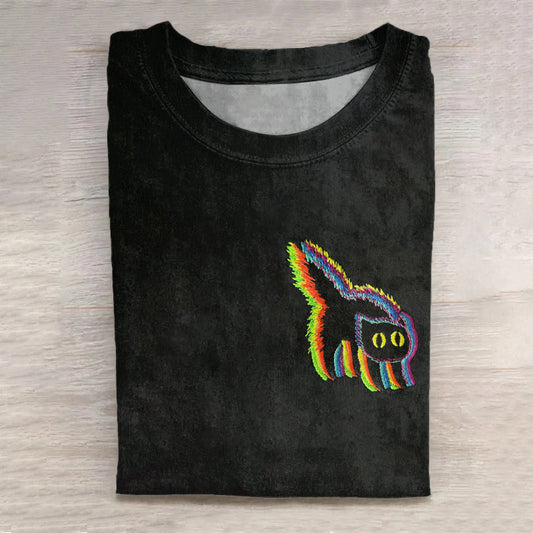 Women's Colorful Glitch Cat Art Short Sleeve T-shirt elevenforest