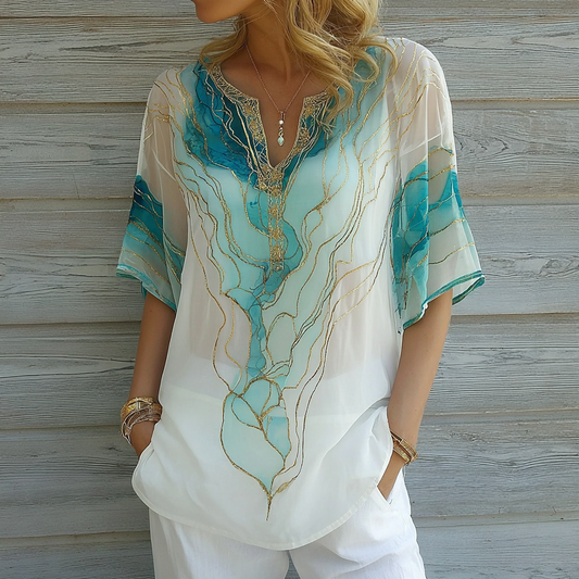 Vintage Marble Texture Collection Bohemia Women Style Gradient Gilded Pattern Linen Round Neck T-shirt artswardrobe