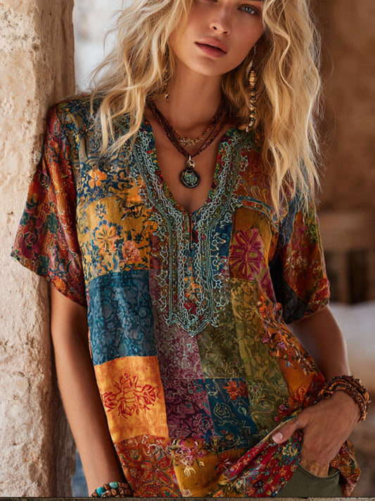 Comstylish Bohemian-style Rhapsody Patchwork Vintage Print V-neck Short-sleeved Shirt