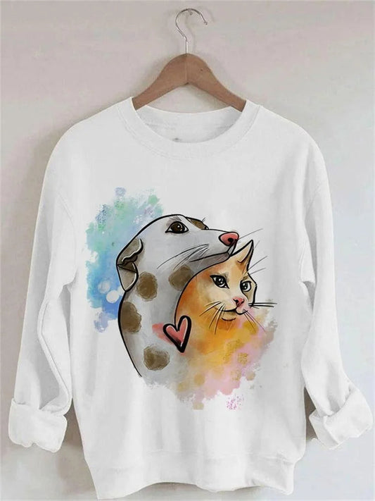 Cat And Dog Friends Print Long Sleeve Sweatshirt elevenforest