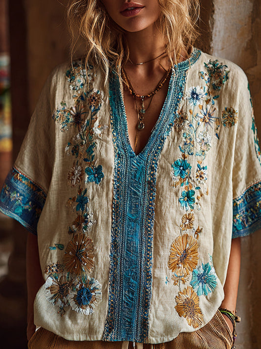 Comstylish Bohemian Ethnic Style Rhapsody Flower Embroidery Vintage V-neck Short-sleeved Shirt