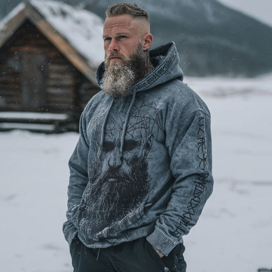 Men's Retro Viking Warrior Pencil Drawing Art Pattern Casual Hoodie elevenforest