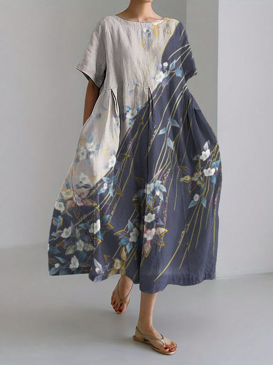 Comstylish Classy Floral Contrast Japanese Linen Blend Maxi Dress
