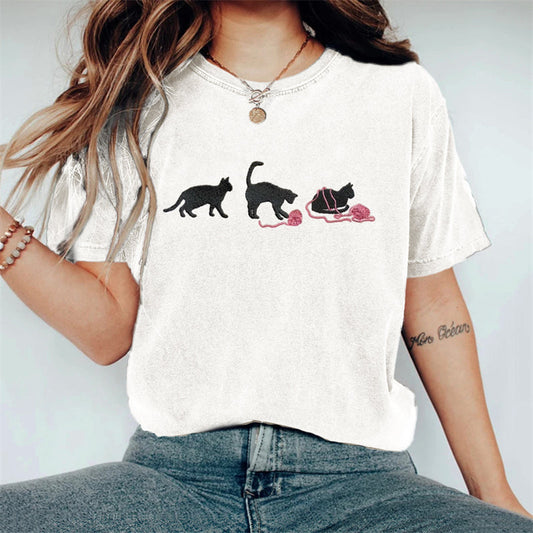 Lovely Black Cats With Pink Yarn Embroidered Washed T Shirt elevenforest