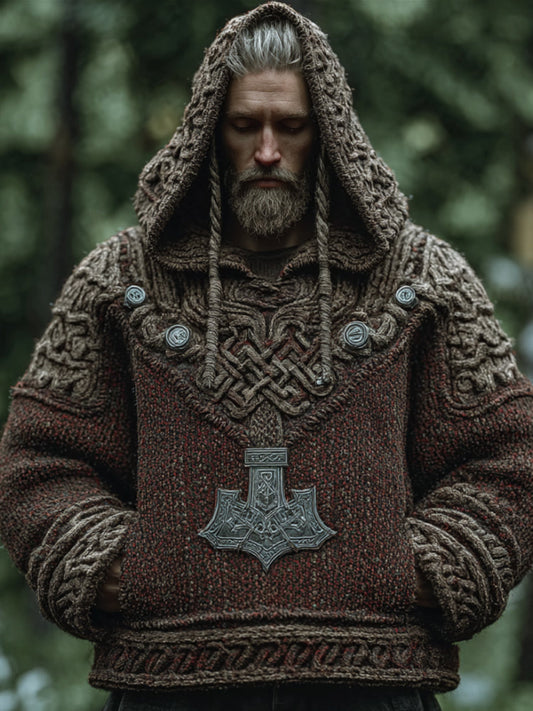 Men's Vintage Viking Celtic Knot Splicing Long-sleeved Hooded Sweater elevenforest