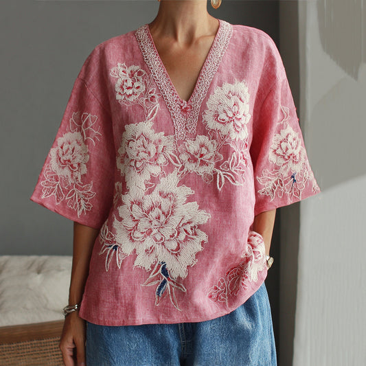 Women's Elegant Cherry Blossom Embroidery Contrast Color T-shirt artswardrobe