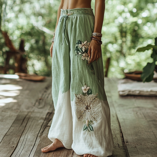 Vintage Bohemian Forest Floral Art Printed Cotton Linen Wide Leg Pants artswardrobe