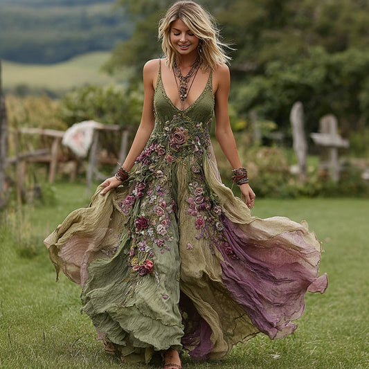 Vintage Floral Embroidery Linen Maxi Dress artswardrobe