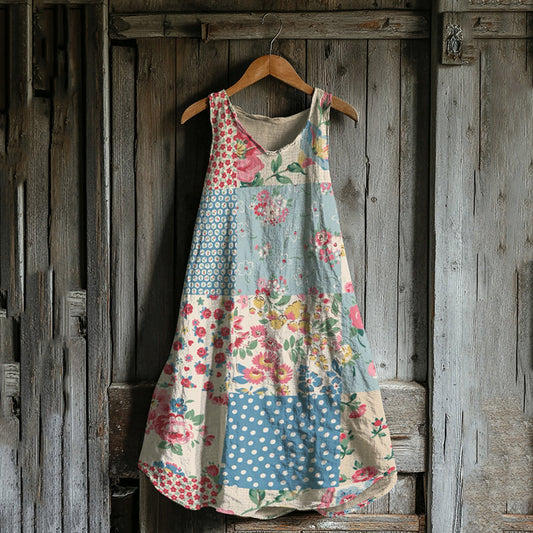 Vintage Floral Patchwork Art Linen Blend Tank Dress artswardrobe