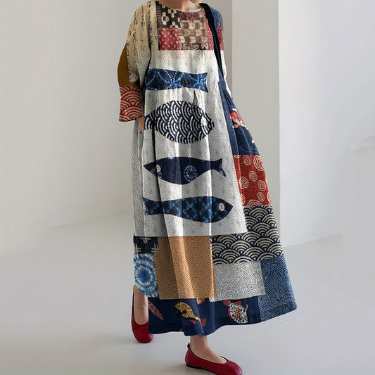 Comstylish Ocean Sardines And Floral Print Cotton And Linen Crew Neck Dress