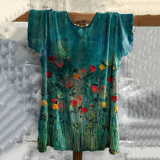 Comstylish Vintage Embroidered Floral Art Cotton T-shirt