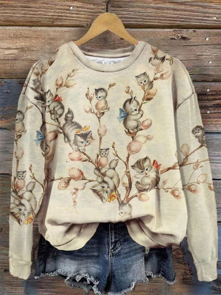 Japanese Art Cute Cats Christmas Trees Print Casual Sweatshirt elevenforest