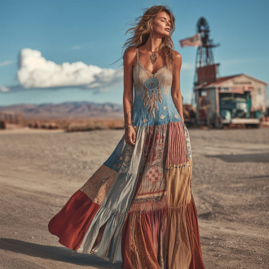 Western Dreamcatcher Embroidered Vintage Patchwork Linen Cami Maxi Dress artswardrobe