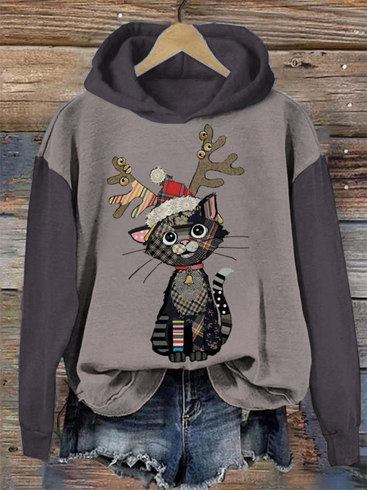Christmas Cat Print Hooded Sweatshirt elevenforest