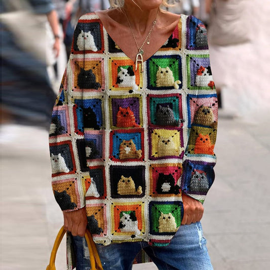 Crochet Cat Art Print V-Neck Loose T-Shirt elevenforest