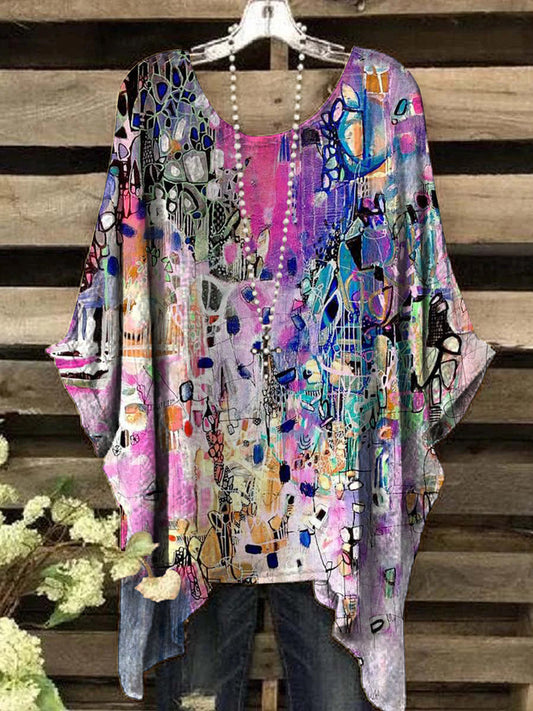 Women's Oil Painting Abstract Print Vintage Top