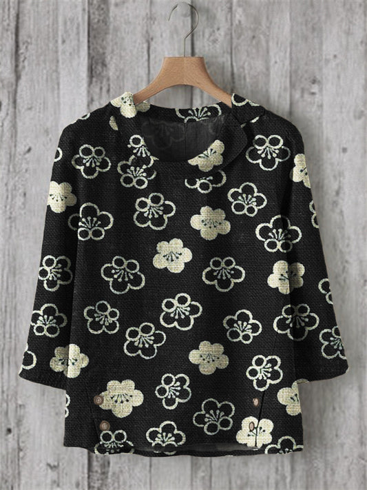 Comstylish Cherry Blossom Japanese Lino Pattern Linen Blend Tunic