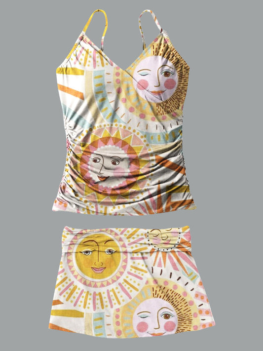 V-Neck Vintage Sun Floral Art Print Suspender Skirt Tankini Pantskirt Set Swimsuit