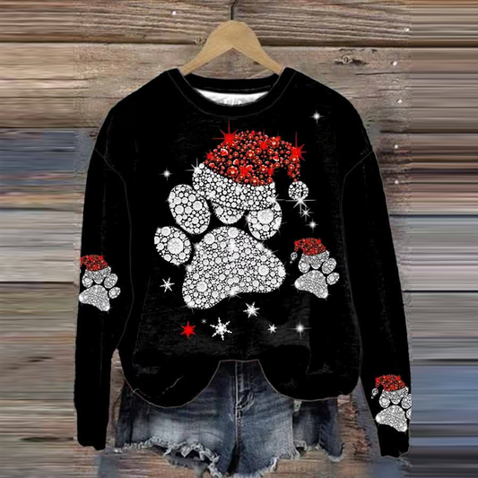 Comstylish Women's Christmas Dog Paw Santa Hat Art Print Crew Neck Sweatshirt