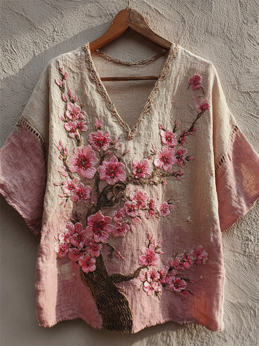 Vintage Japanese Cherry Blossom Embroidered Boho Linen Tunic artswardrobe