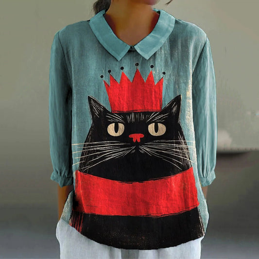 Women's Black Cat Art  Casual Linen Shirt elevenforest