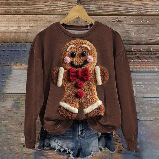 Comstylish Retro Christmas Gingerbread Man Print Casual Sweatshirt