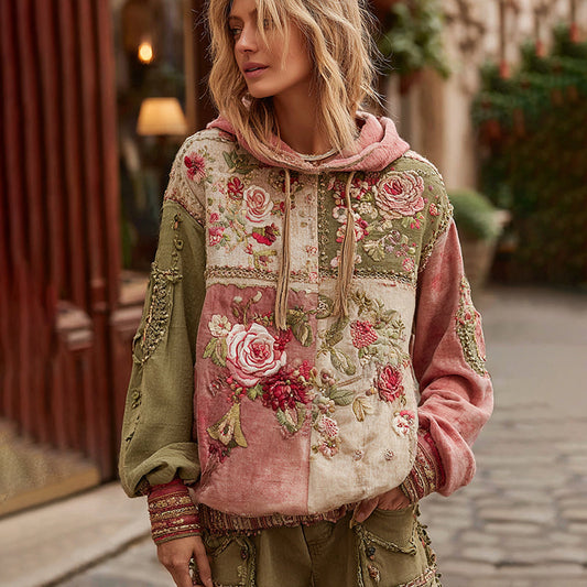 Women's Vintage Floral Embroidery Patchwork Art Casual Hoodie artswardrobe