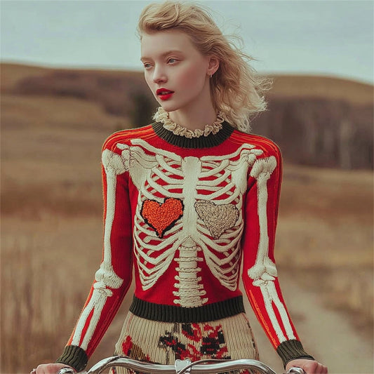 Comstylish Retro Human Skeleton & Heart Art Women's Knit Sweater