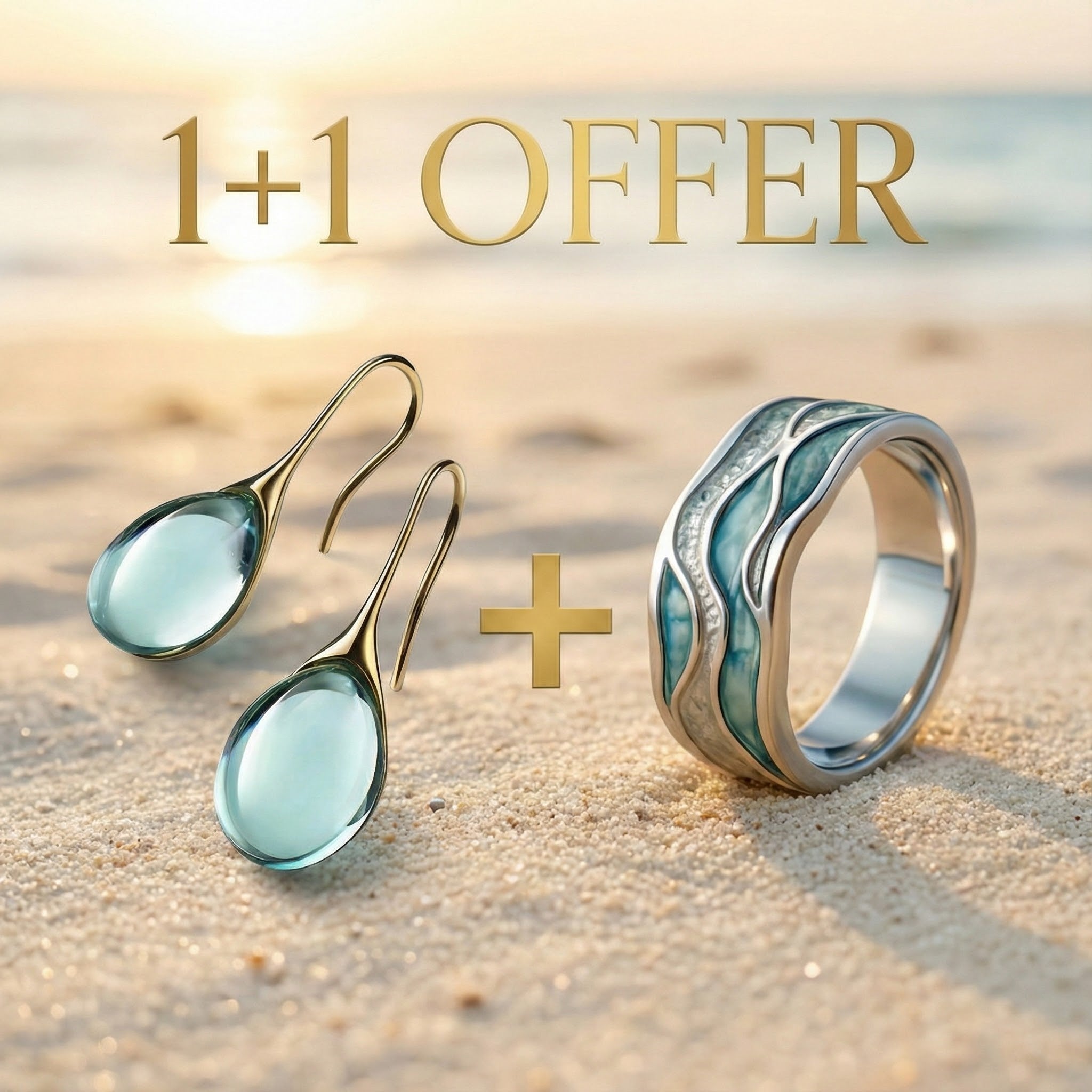 1+1 Offer: Aurora Ocean Beach Wave Ring + Crystal Drop Earrings in Gold and Silver