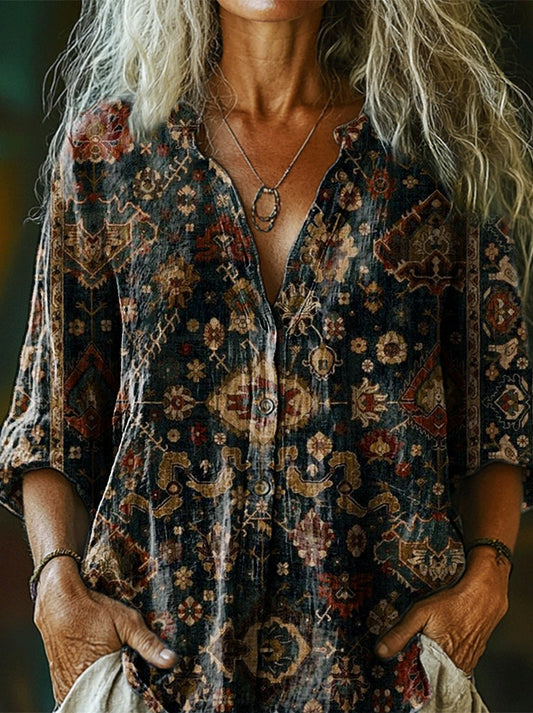 Women's Ethnic Totem Art Print Casual Cotton and Linen Shirt