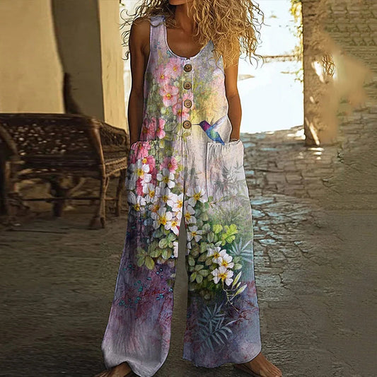Women's Floral Bird Print Wide Leg Jumpsuit artswardrobe