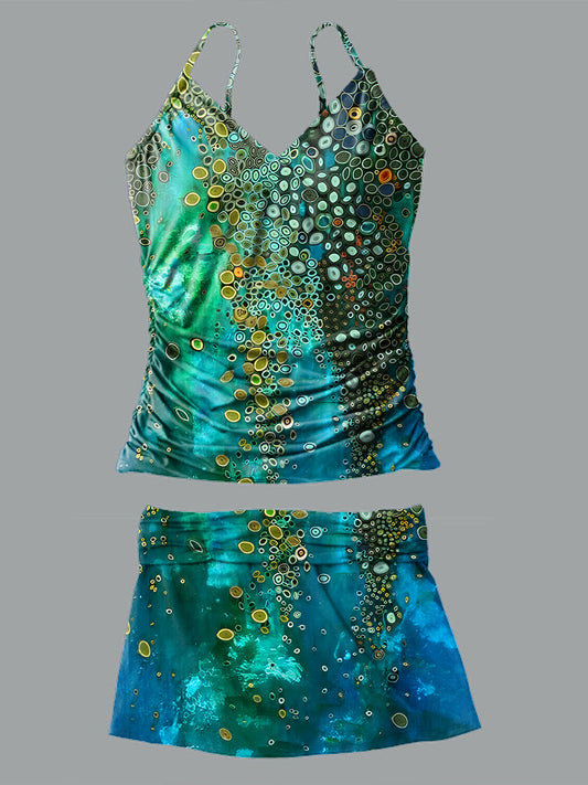 V-Neck Vintage Multicolor Art Print Suspender Skirt Tankini Pantskirt Set Swimsuit