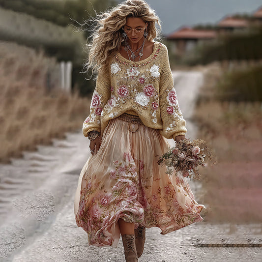 Classic Rose In Gradient Yellow Art Cozy Knit Round Neck Sweater And Linen Skirt Two-piece Set artswardrobe